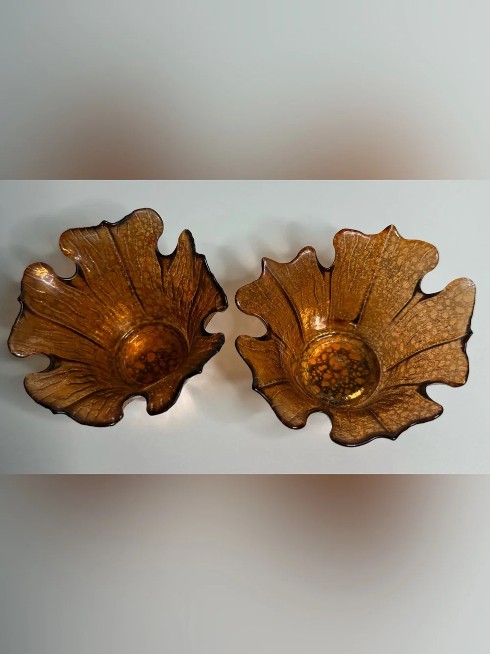 Amber Glass Leaf-Edge Votive Holders – Pair